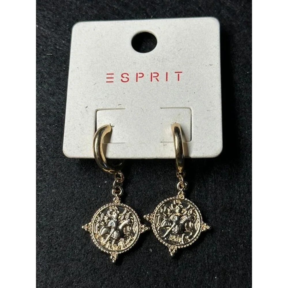 ESPRIT Gold Tone Coin Medallion Charm Dangle Hoop Earrings Embossed Boho New